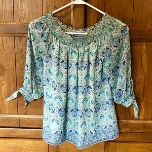 Max Studio Off Shoulder Floral Blouse Small Cottagecore Boho Blue Green NWT